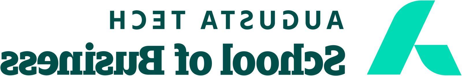 An uppercase abstract A in mint green composed of a smaller leg representing Augusta Technical College supporting the larger leg representing the Augusta Community and economy. The words Augusta Tech and School of Business are in heritage green font to the right of the a, stacked in two horizontal rows with School of Business in bold font.