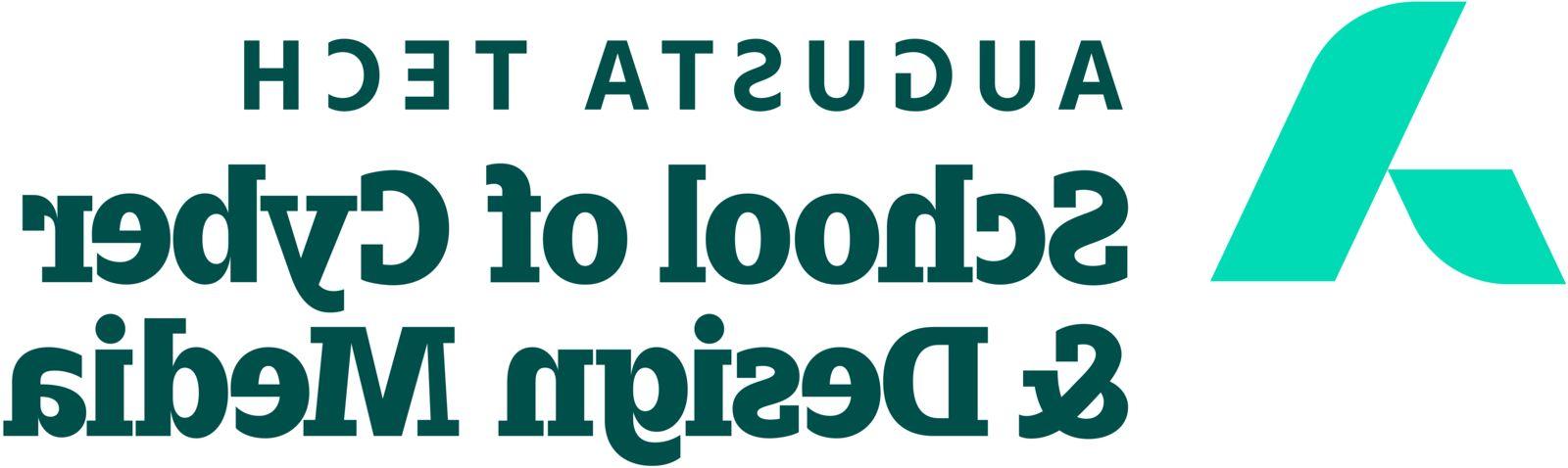 An uppercase abstract A in mint green composed of a smaller leg representing Augusta Technical College supporting the larger leg representing the Augusta Community and economy. The words Augusta Tech and School of Cyber and Design Media are in heritage green font to the right of the a, stacked in three horizontal rows with School of Cyber & Design Media in bold font.