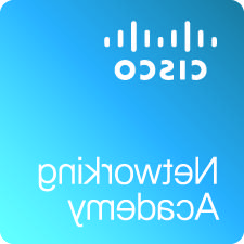 Cisco Networking academy logo - a blue square with the cisco logo in the upper left corner composed of the word cisco in bolded white font and a sound wave graphic with two waves above it. The words Networking Academy are stacked on two horizontal lines in white font.